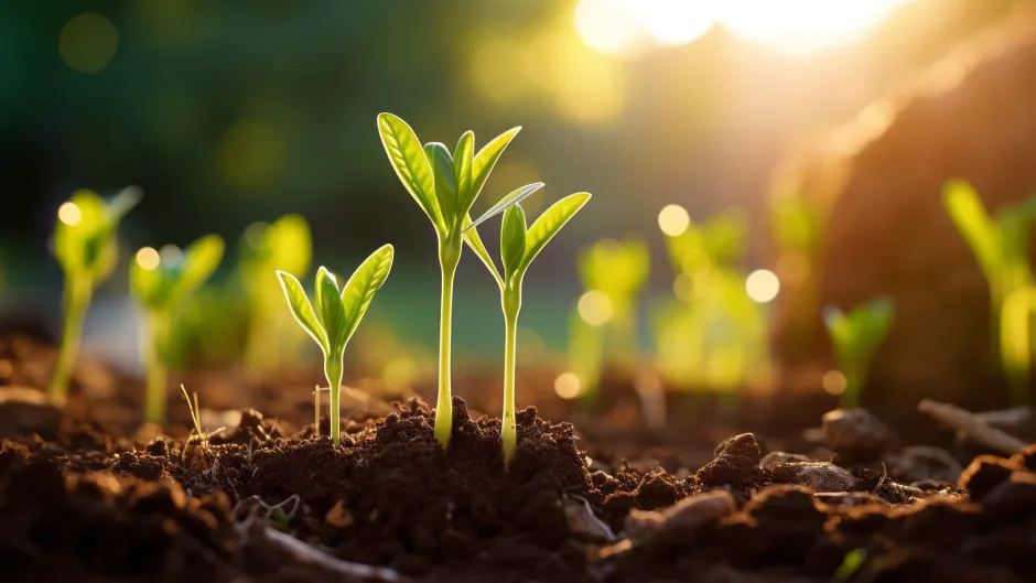 Junge grüne Triebe sprießen aus dem Boden.